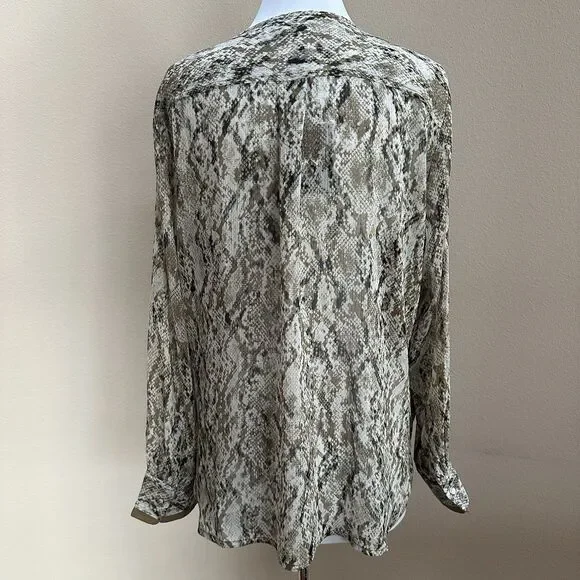 DKNY Top Women's XL Brown Snake Print Faux-Wrap Long Sleeve Semi Sheer Career - Picture 2 of 11